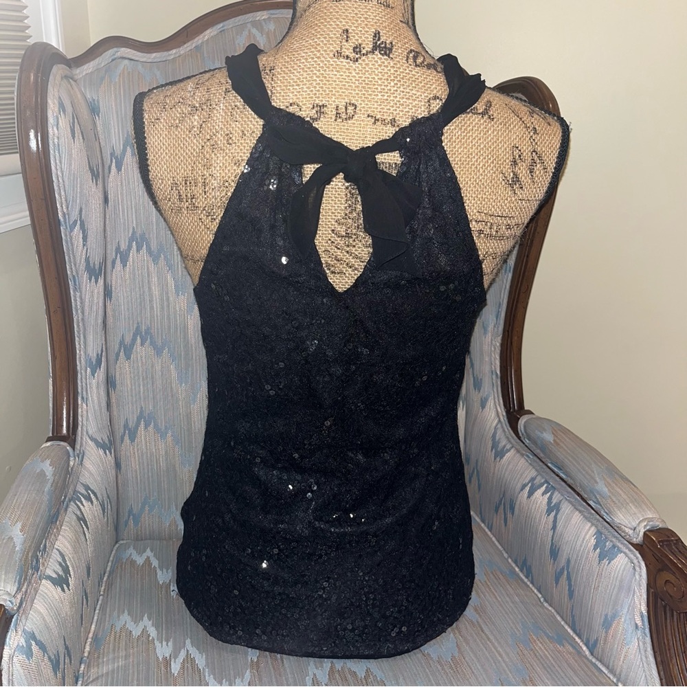 Tahari Dressy Black Sequin Halter top,sheer chiffon mesh straps keyhole tie back - Picture 6 of 11